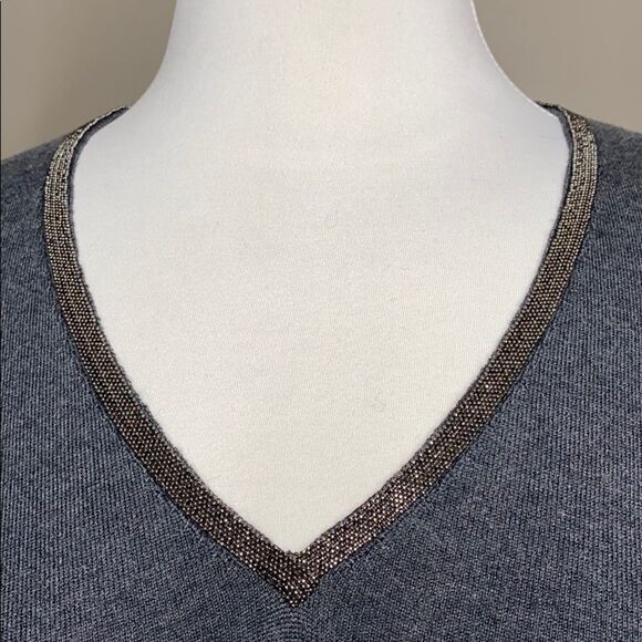 Ecru metal Mesh Trim V-Neck Tunic Sweater Gray - Picture 5 of 9